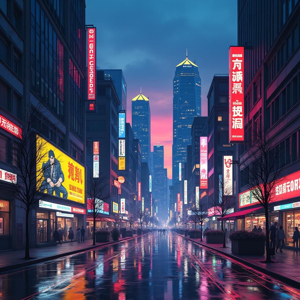 Retro Anime Cityscape with Neon Lights