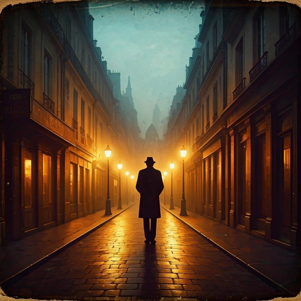 Vintage Cityscape with Figure in Film Noir Style