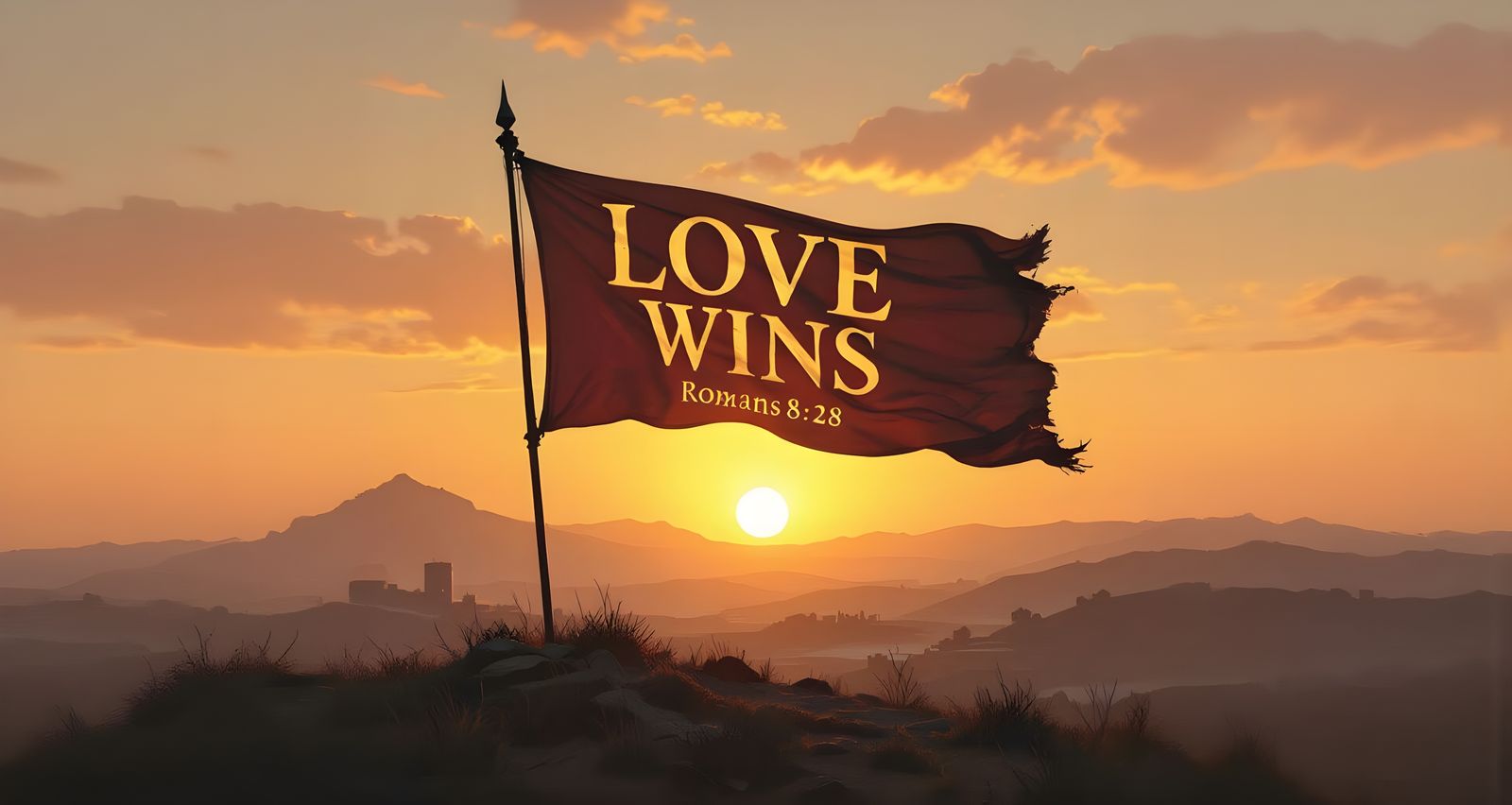 Love Wins Banner on Hilltop in Dystopian Sci-Fi Style
