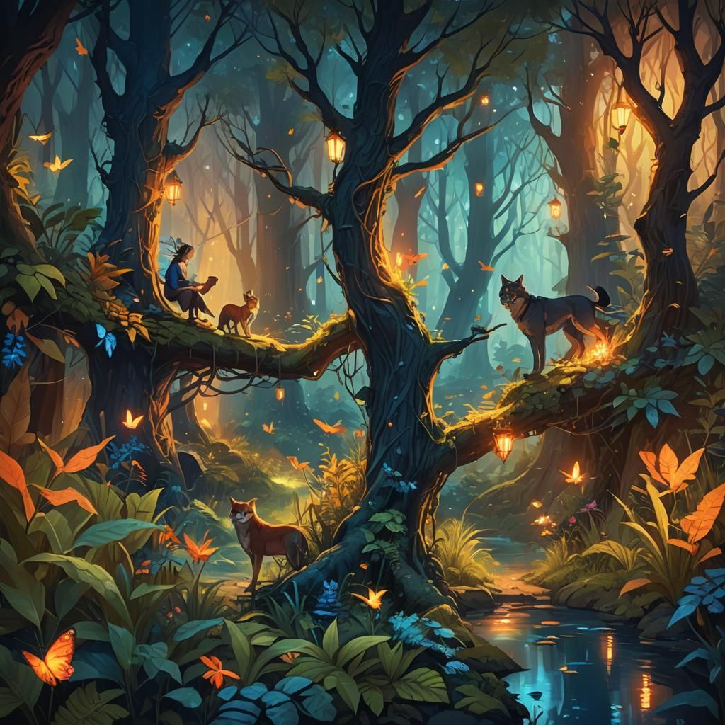 Harmonious Coexistence in Lush Fantasy Forest