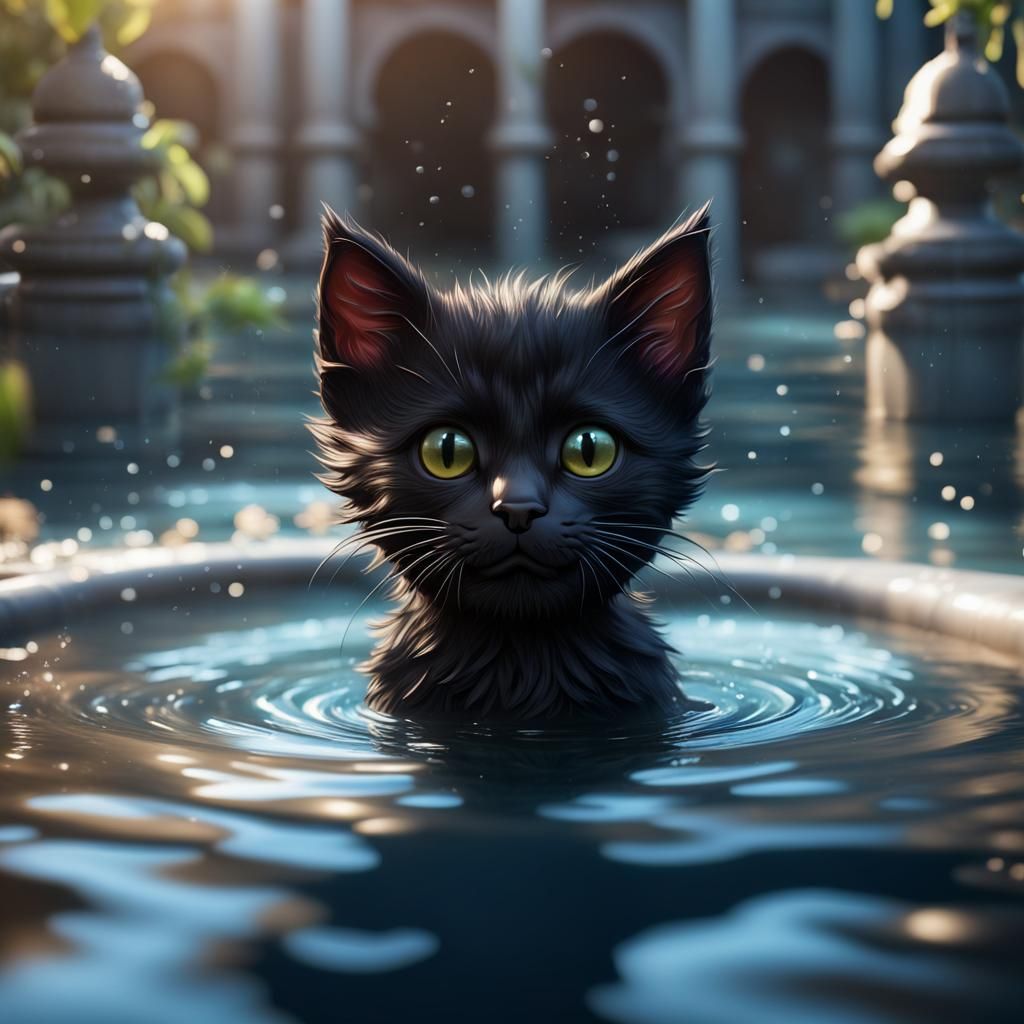 Black Kitten's Feline Frolic in a Fountain