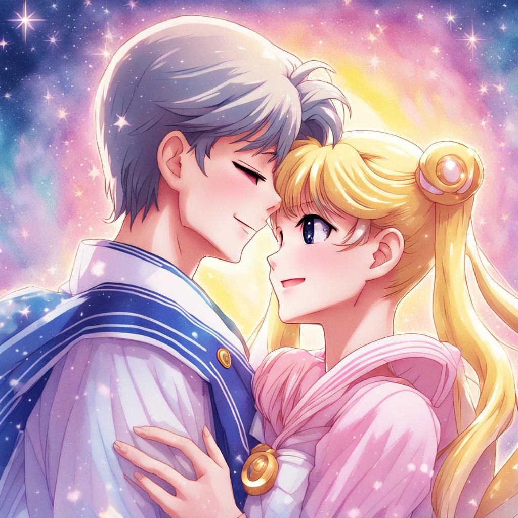 Usagi Tsukino Hugging Brother in Dreamy Anime Style