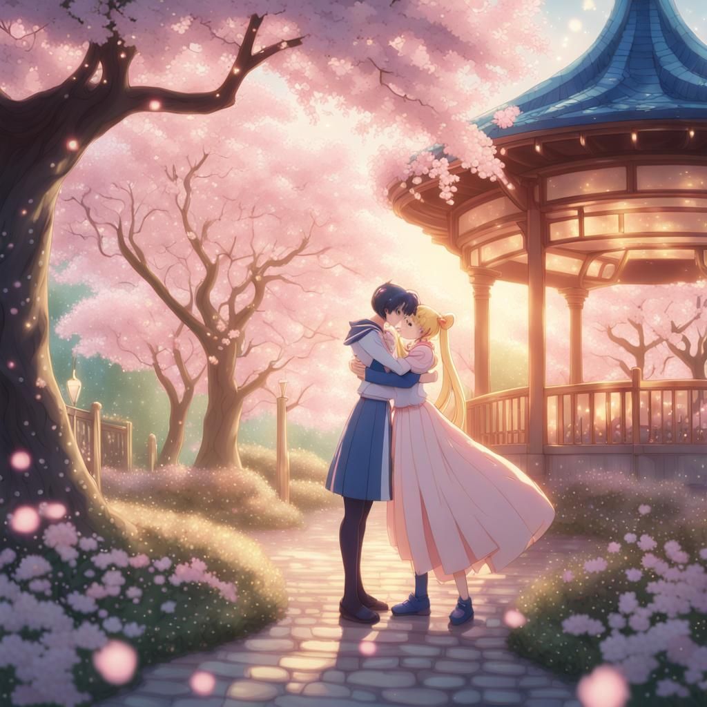 Usagi Tsukino Hugs in Serene Anime Garden