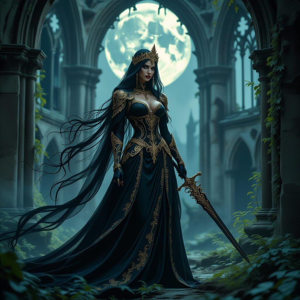 Gothic Warrior Woman in Moonlit Cathedral Ruin
