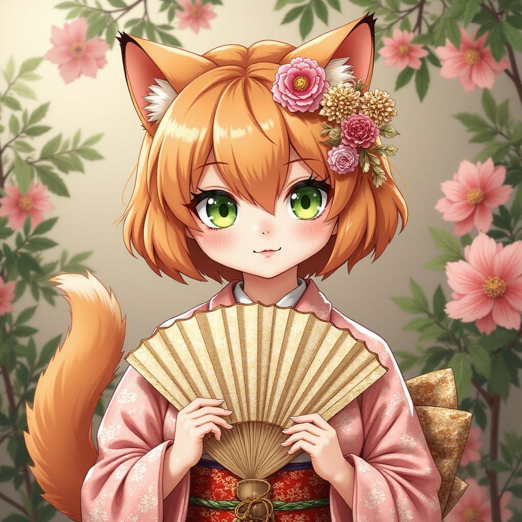 Elegant Anime Cat Geisha with Green Eyes