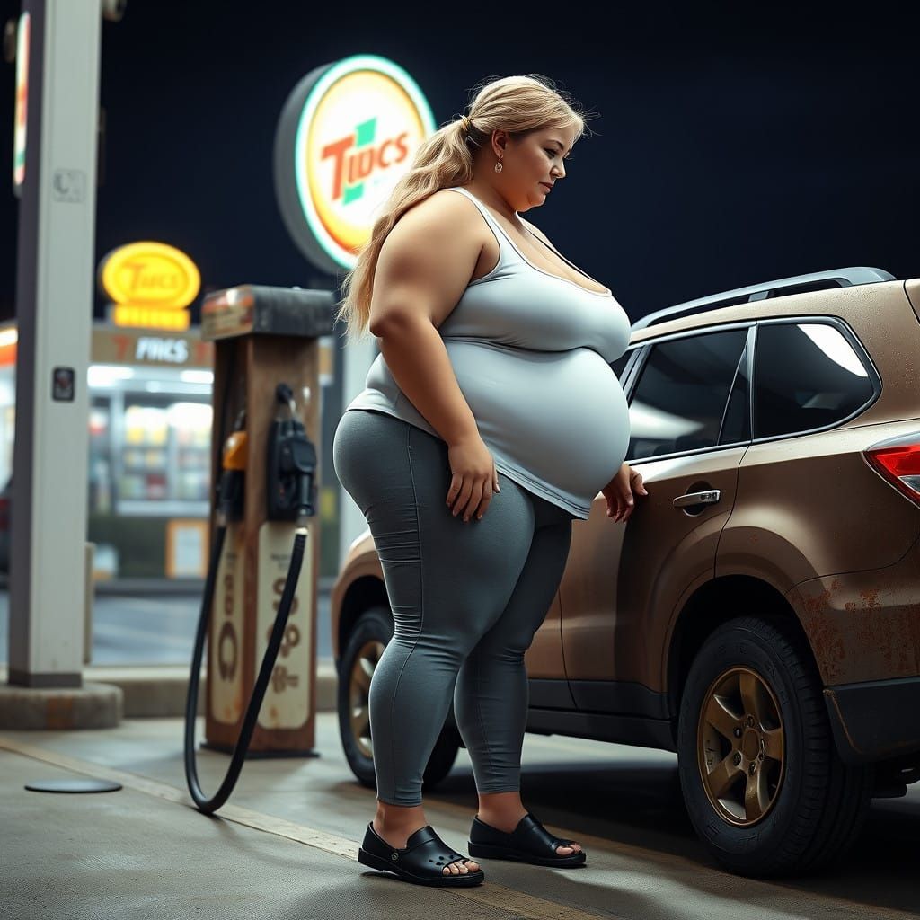 Obese Woman Surrounded by Industrial Landscape in Cyberpunk....