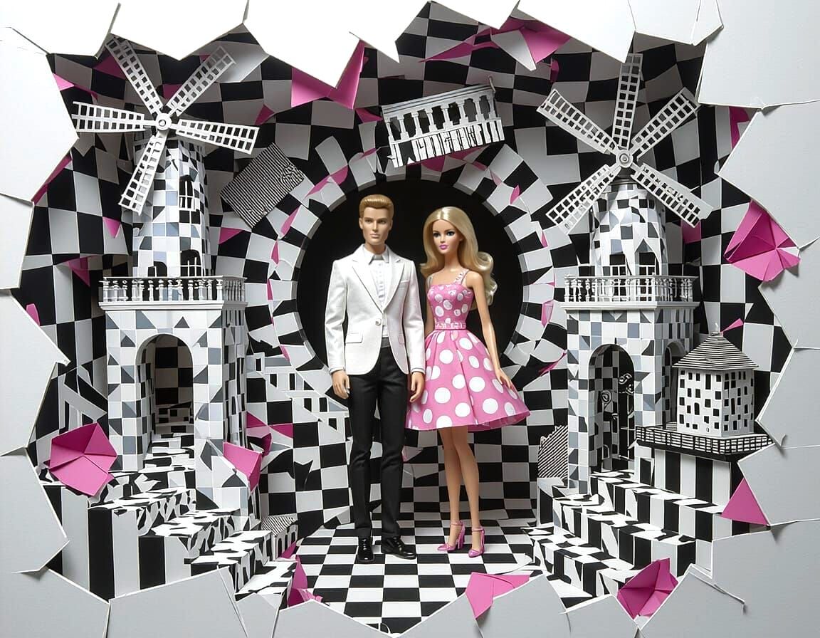 Barbie and Ken in Pink Cardboard Origami Diorama