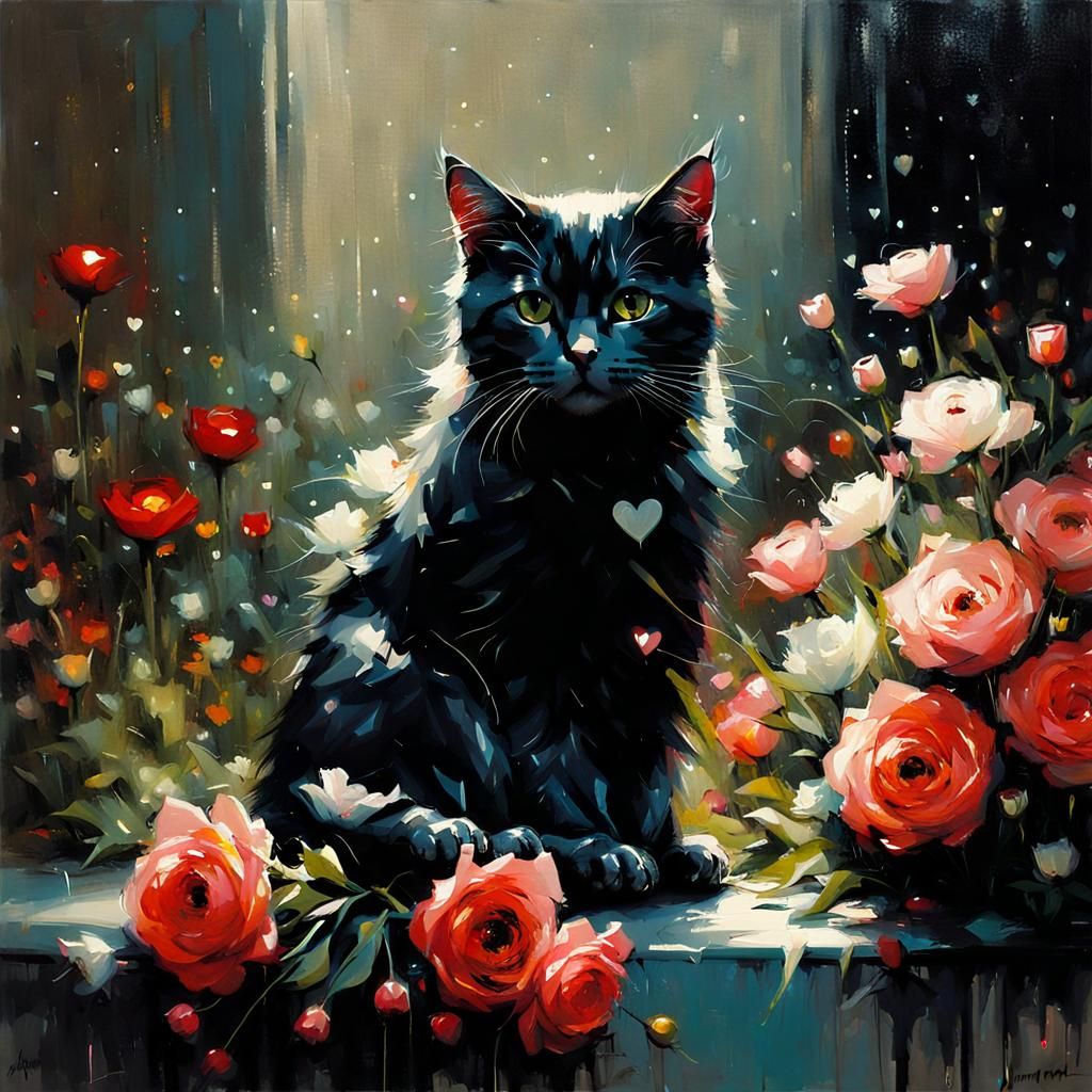 Cat with Flowers Painting in Impressionistic Style