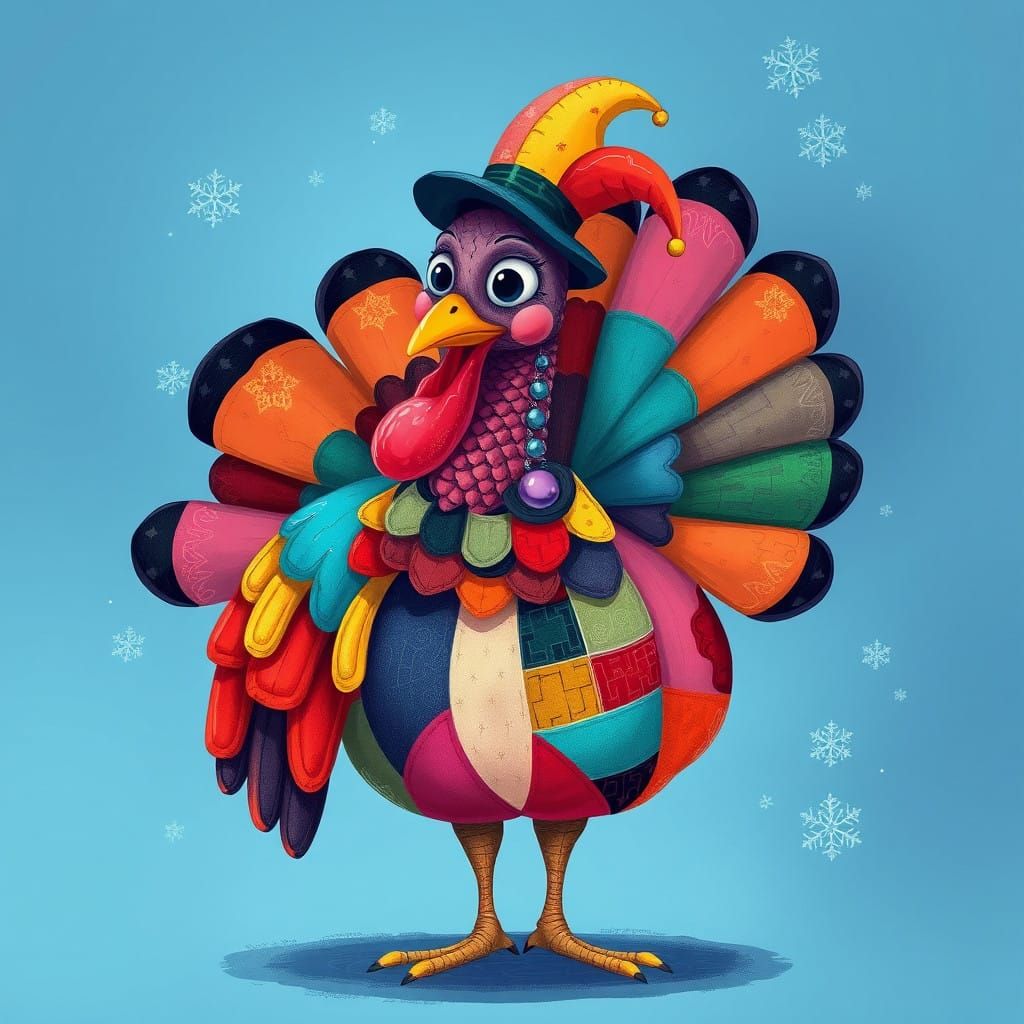 Whimsical Turkey in Vibrant Harlequin Costume