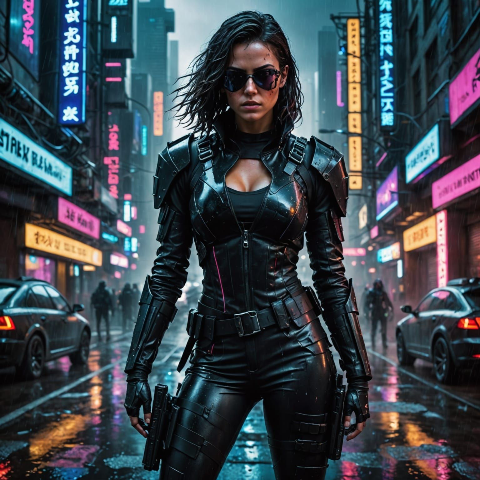 Cyberpunk Female Warrior in Rain-Soaked Cityscape