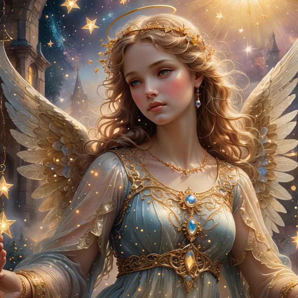 Ethereal Angel in Dreamy Village, Surrealist Fantasy Art