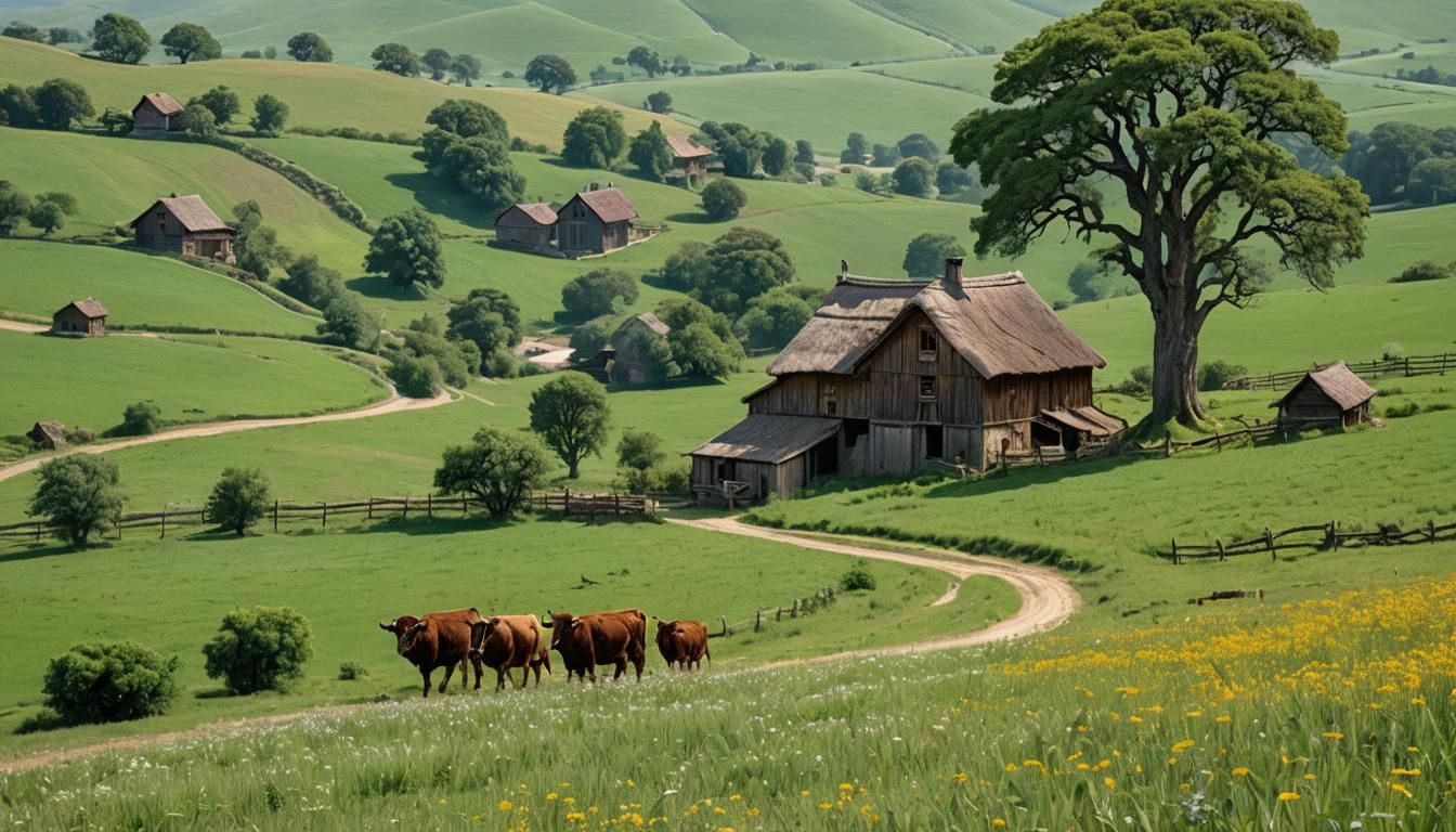 Idyllic English Countryside: Emerald Fields and Rustic Life