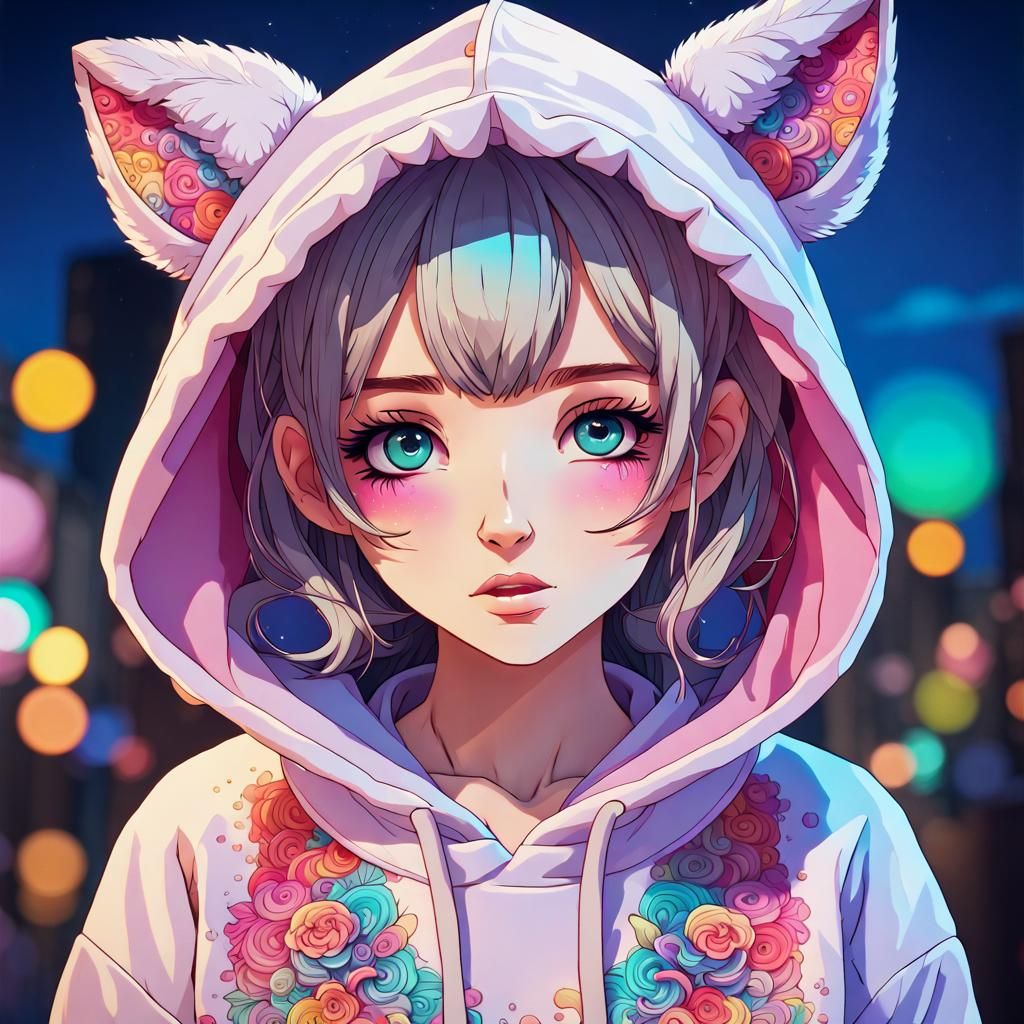 Cute Kawaii Hoodie Girl in Anime Style