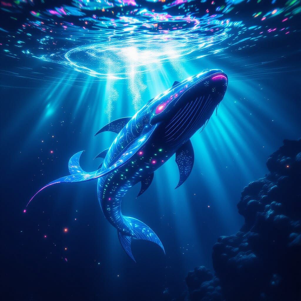 Majestic Bioluminescent Leviathan Ascending from Deep Sea Ab...
