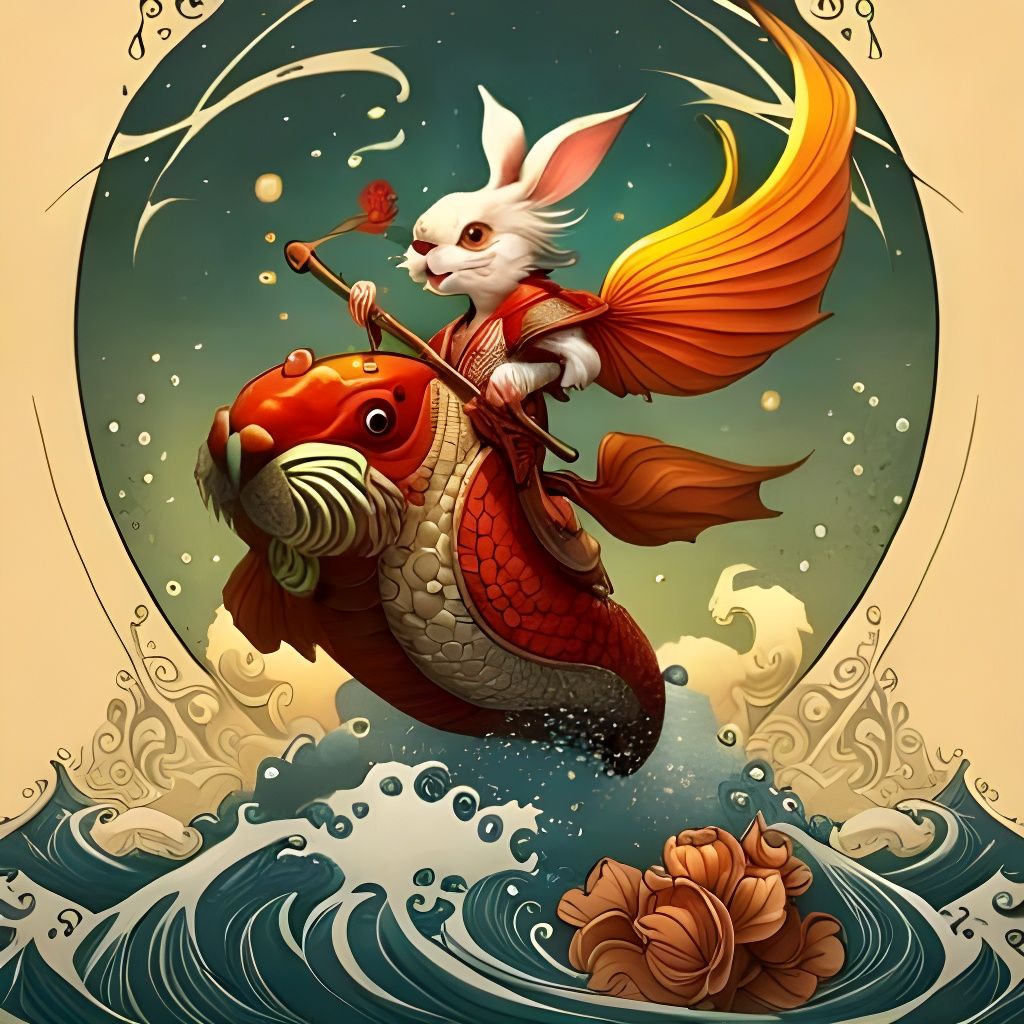 Rabbit Samurai on Koi: Fantasy Digital Art