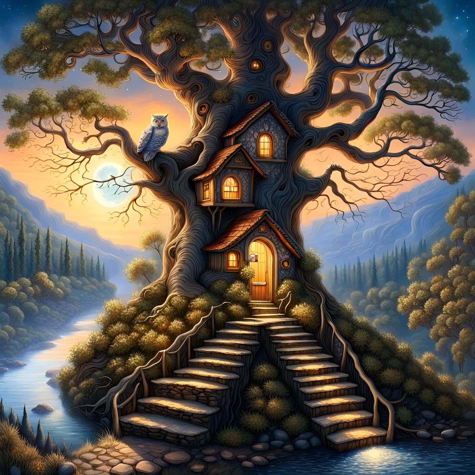 Fantasy Treehouse with Glowing Bark at Night