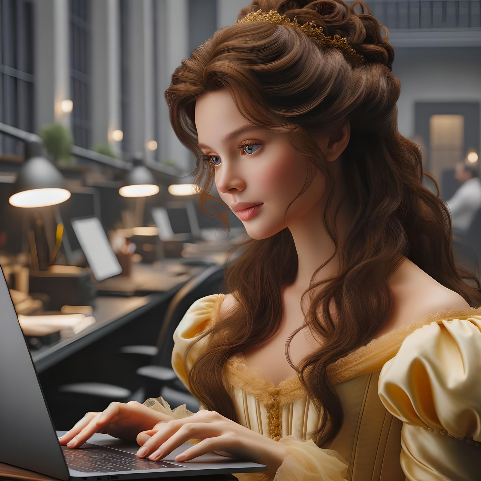 Princess in Office: Neoclassical Portrait with Laptop
