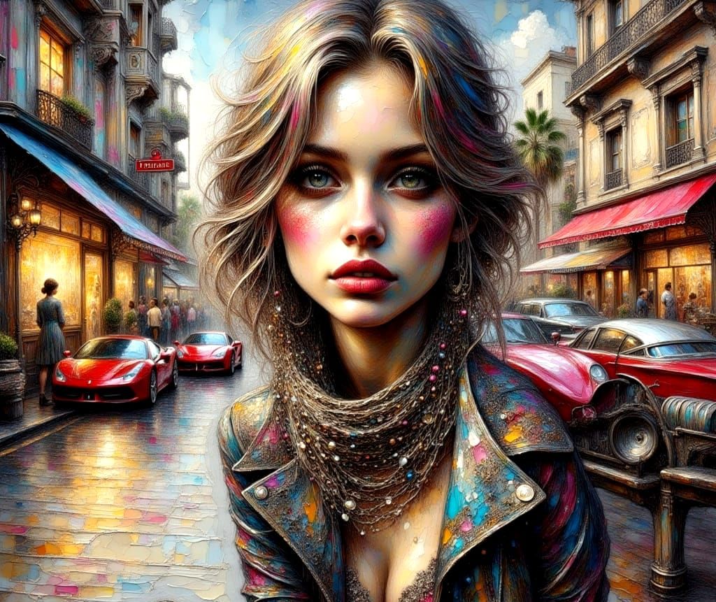 Elegant Teenage Girl on Hollywood Boulevard, Oil Painting