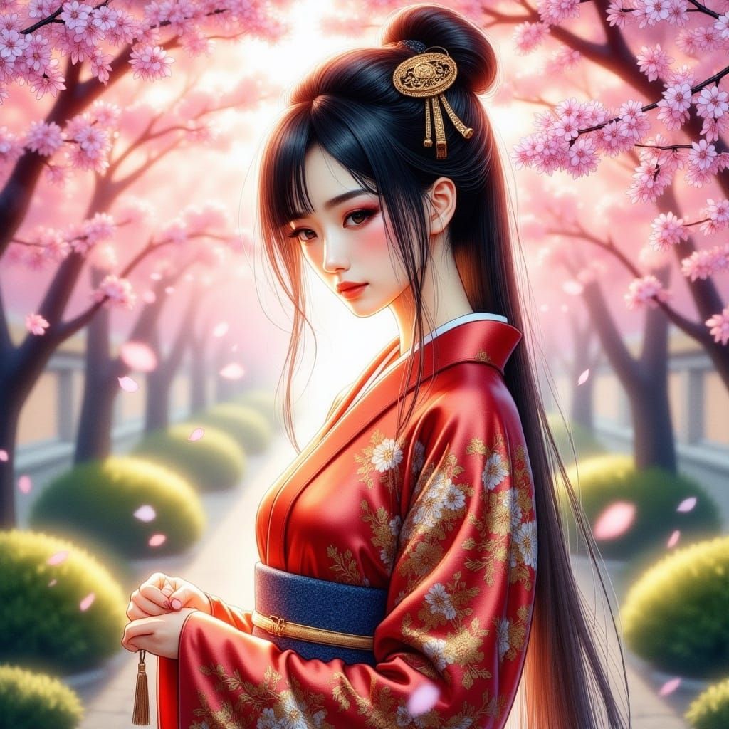 Geisha in Cherry Blossom Garden, Anime Style