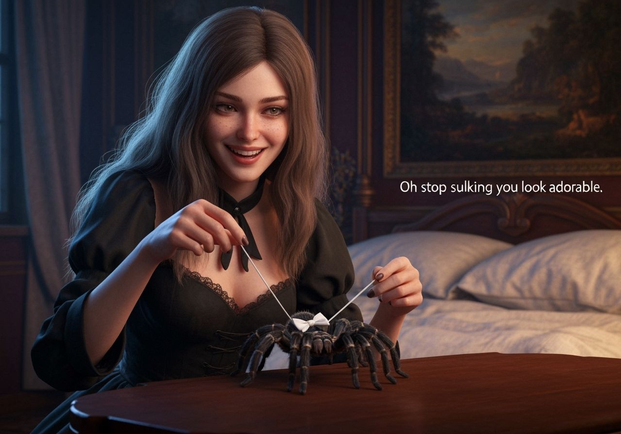Gothic Witch Dresses Pet Tarantula in Ornate Bedroom