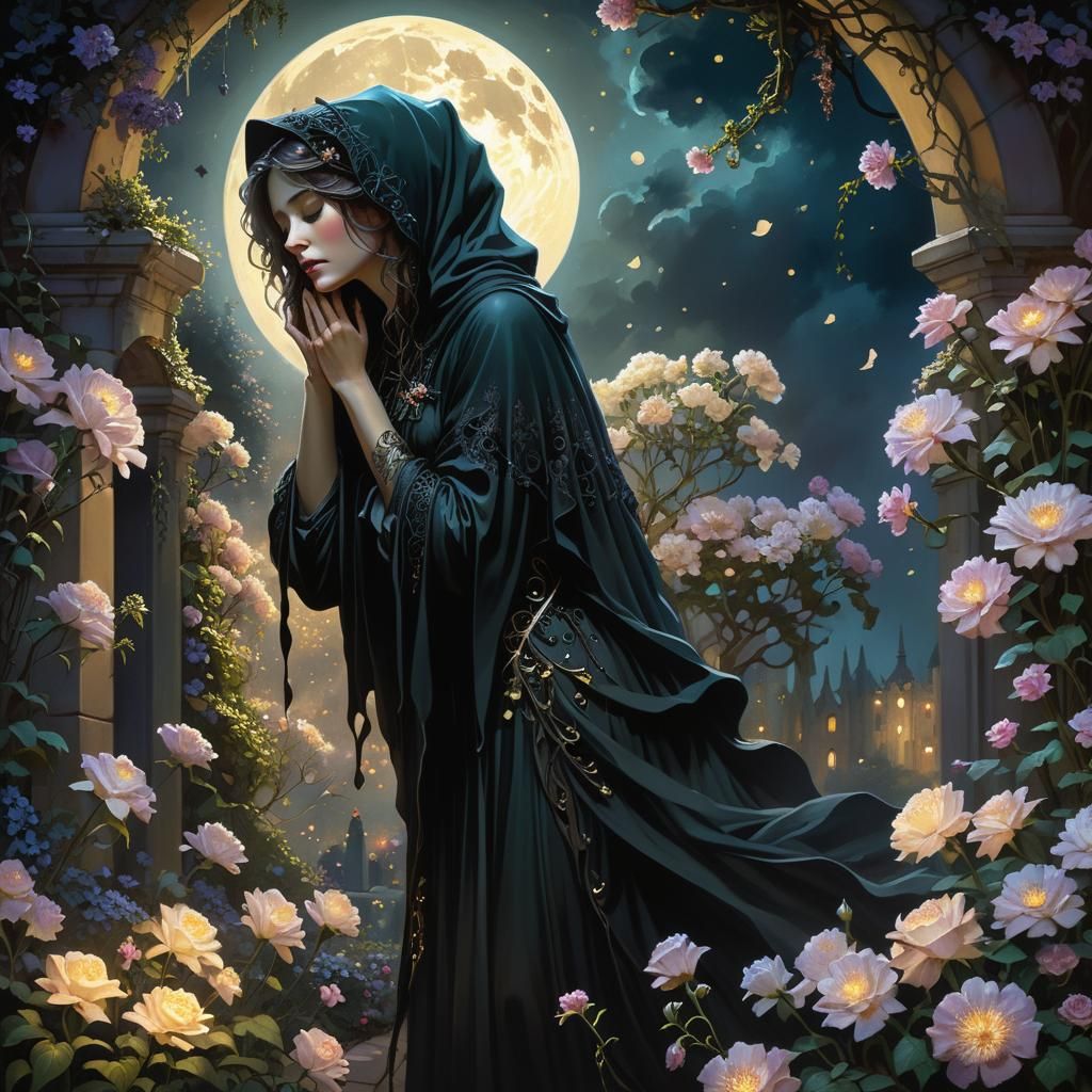 Mysterious Woman Weeping in Moonlit Garden