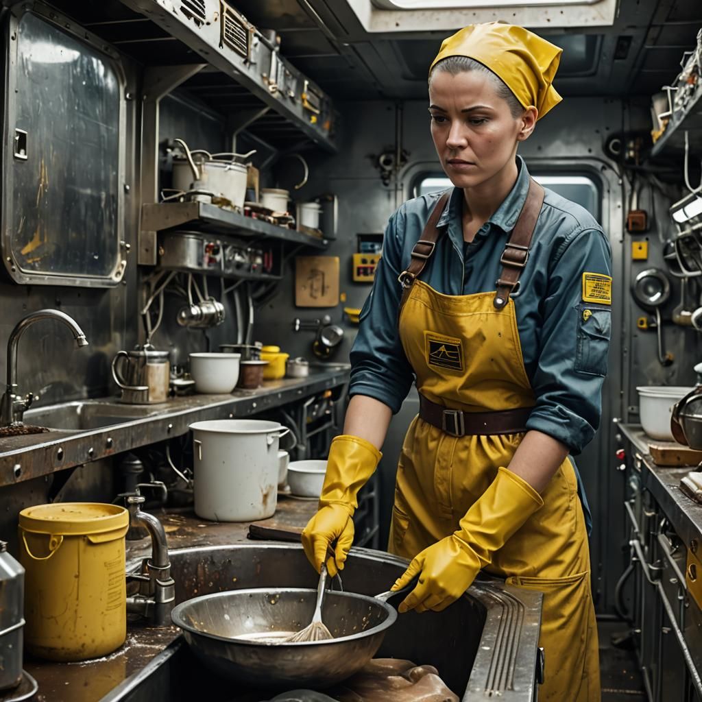 Exhausted Worker Washing Dishes on Space Freighter