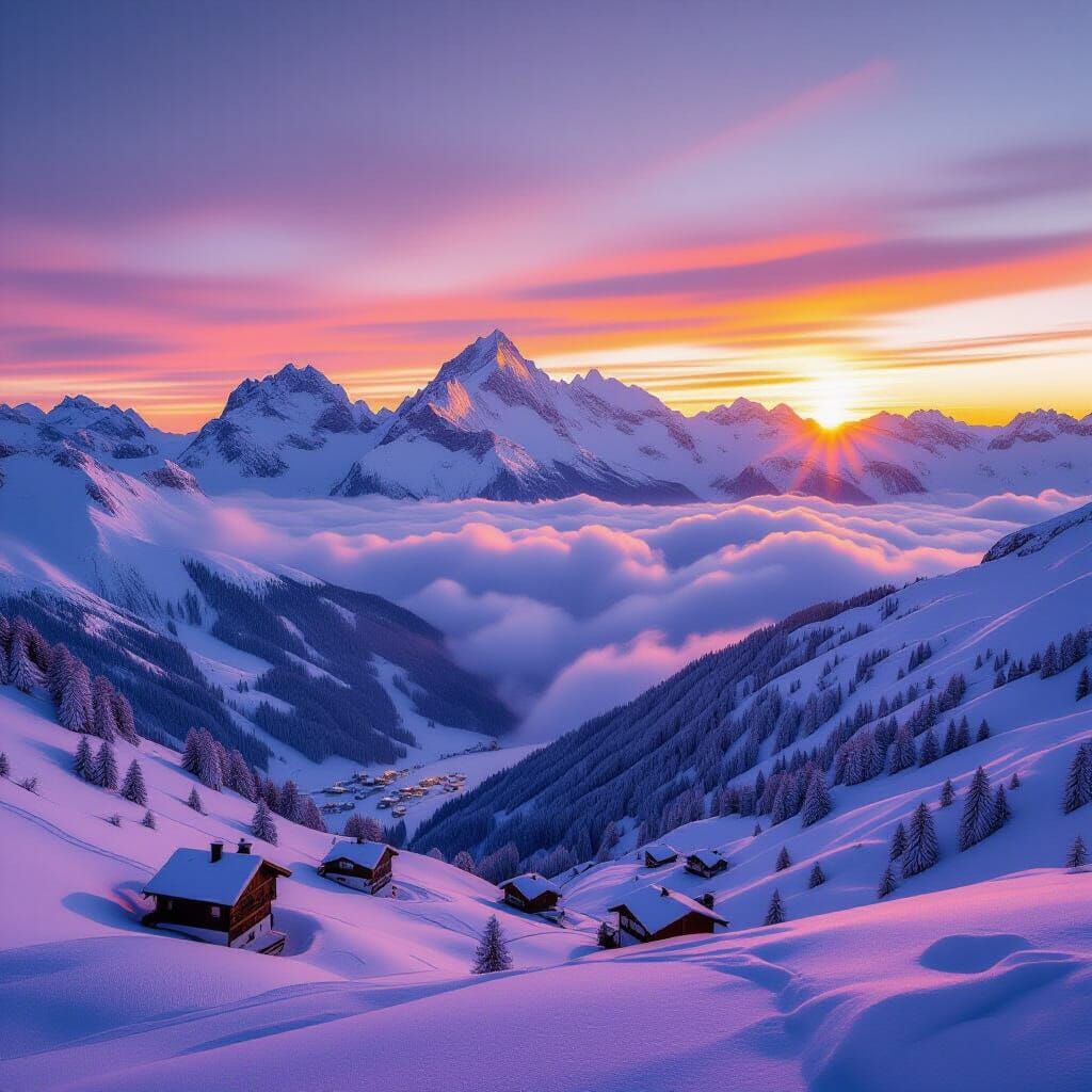Swiss Alps Sunrise Over Clouds in Cinematic Style