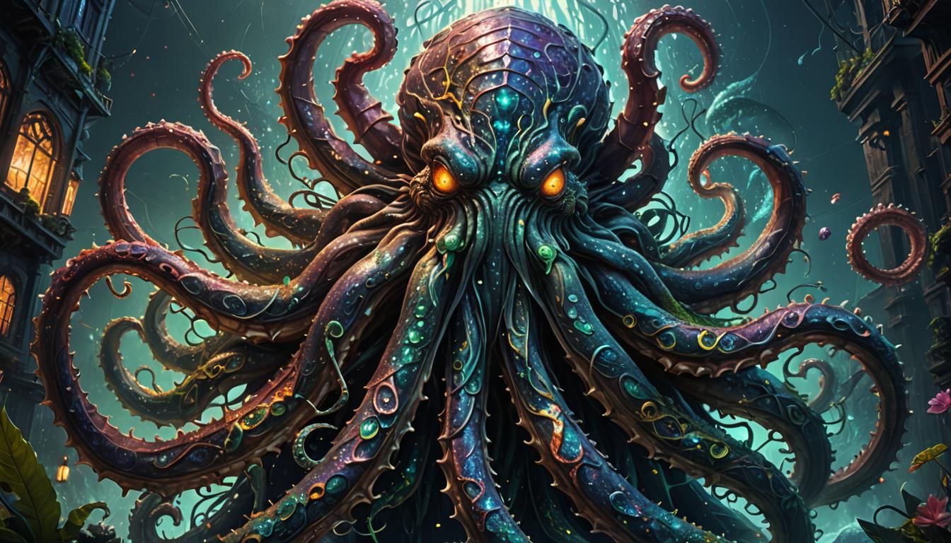 Intimidating Kraken in Holographic Astral Illustration