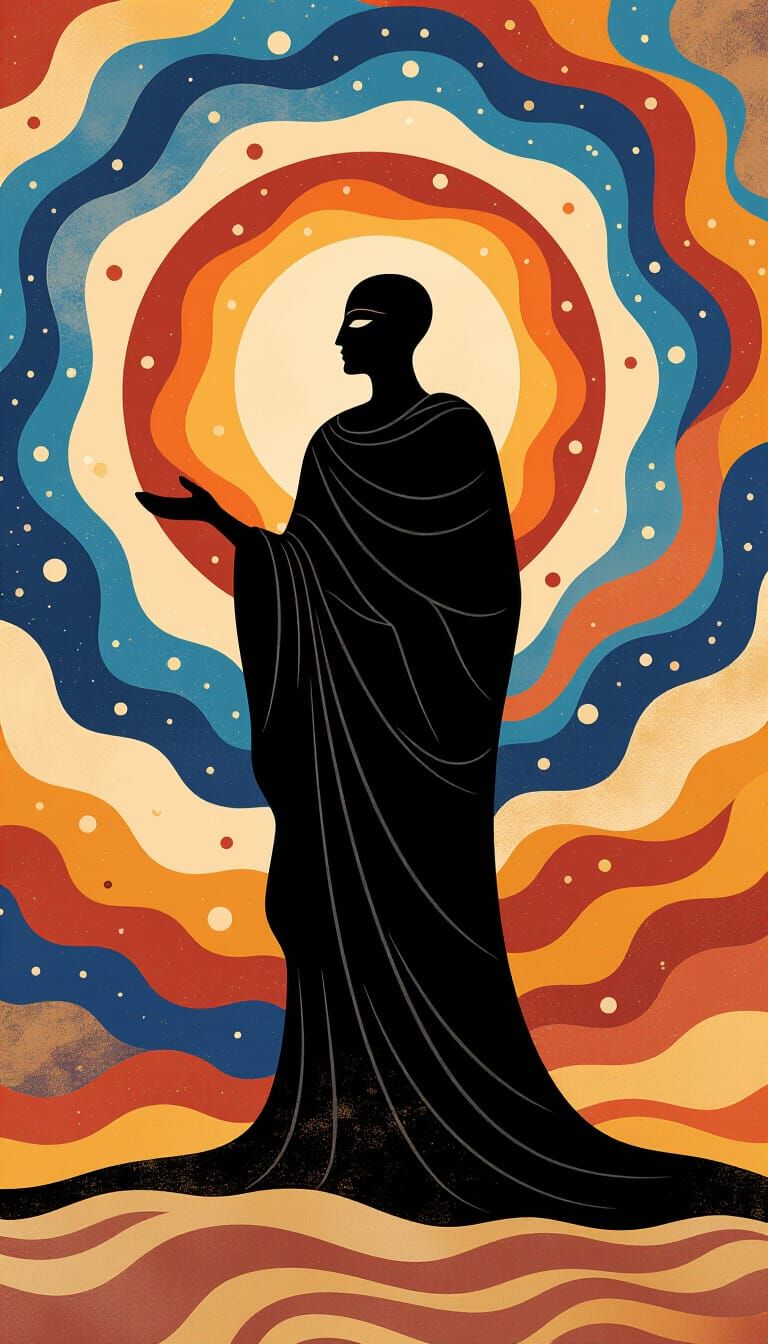 Mysterious Robed Figure in Cosmic Cave Painting Style