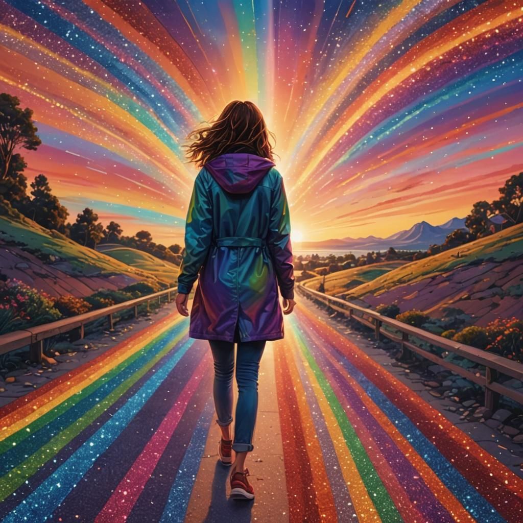 Woman on Rainbow Path at Sunset: Digital Art
