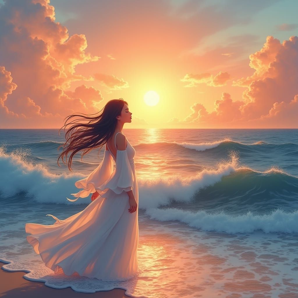 Woman at Sunrise: Anime-Inspired Beach Scene