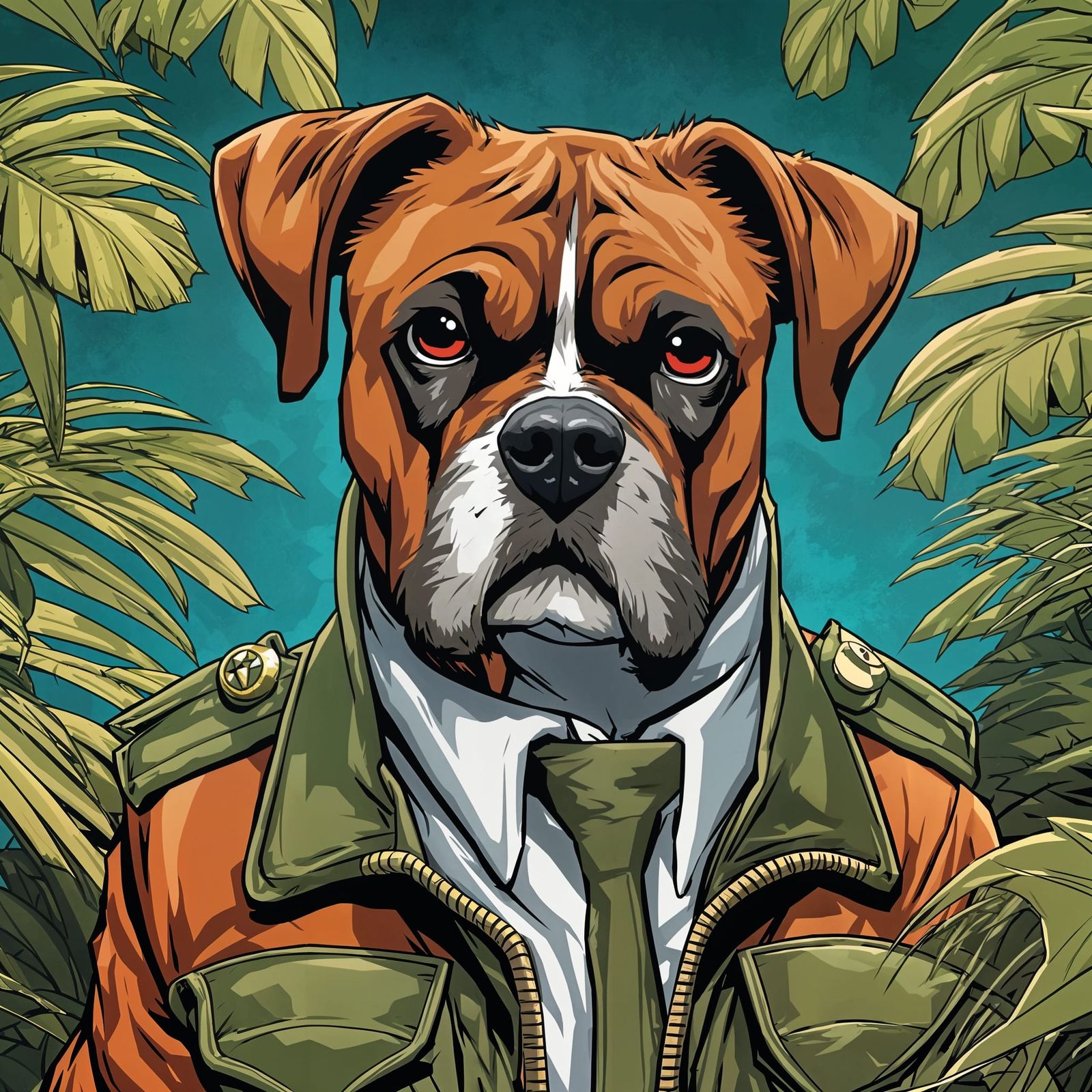Boxer Dog in Jungle Military Outfit in Comic Book Style