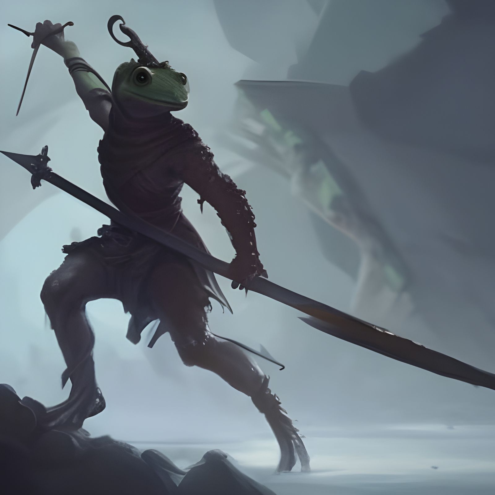 Frog Warrior with Broken Halberd: Dark Fantasy Art