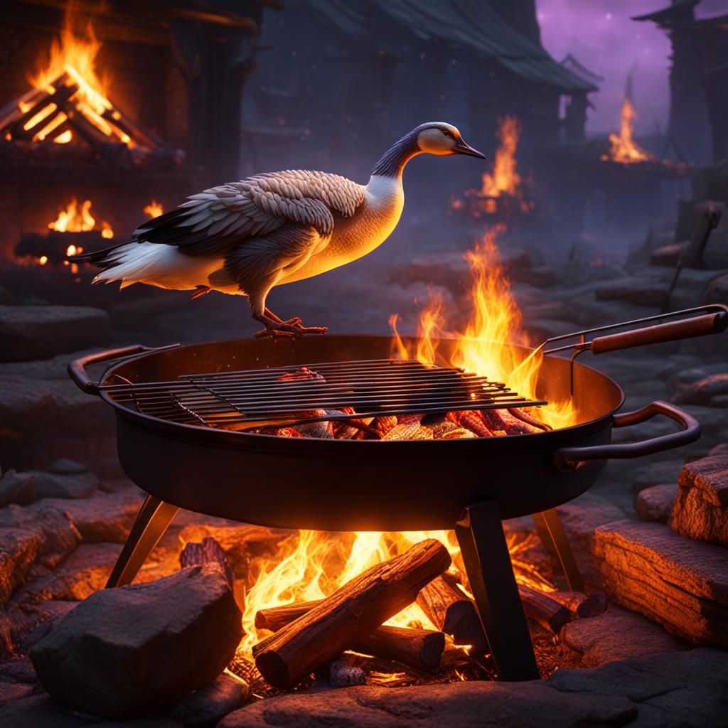 Dark Fantasy Goose Roasting Over Fire