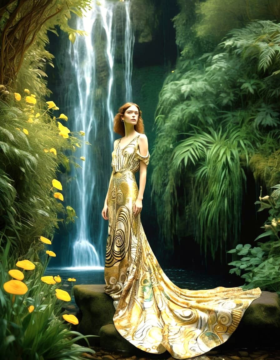 Golden Waterfalls Inspired by Gustav Klimt's Opulence