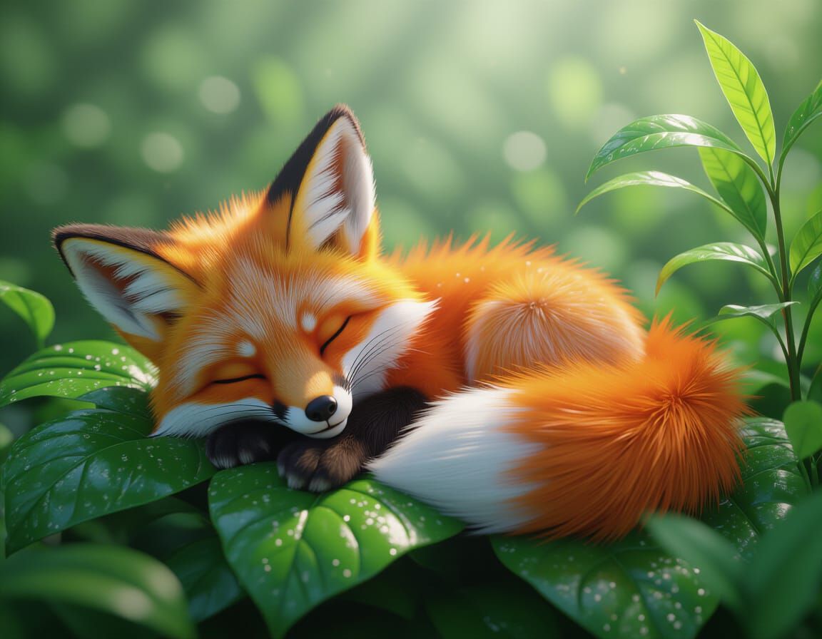 Fiery-Tailed Fox Asleep in Lush Greenery