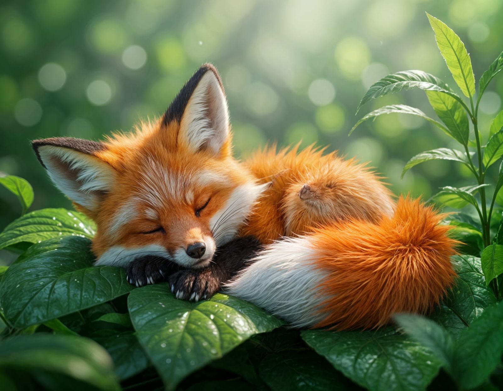 Fiery-Tailed Fox Asleep in Lush Greenery