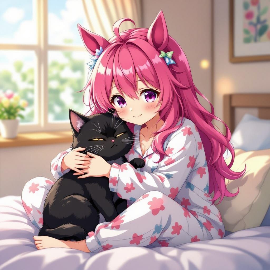 Cute Anime Girl Hugs Grumpy Kitten in Sunny Bedroom