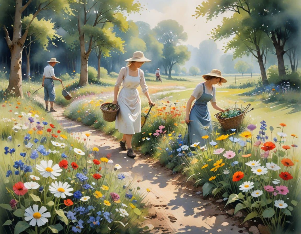 Gardeners Planting Wildflowers in Watercolor Style