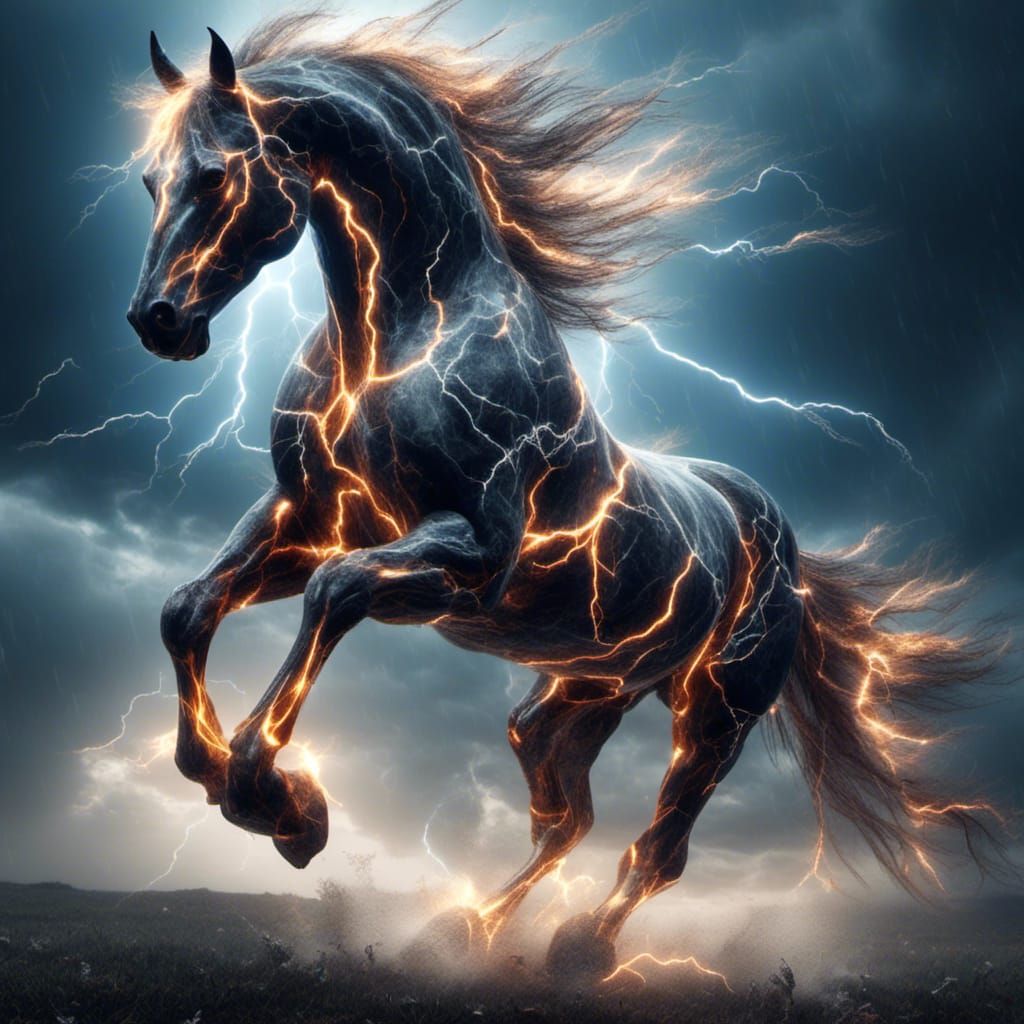 Electric horse made entirely of realistic lightning running in a thunderstorm background <lora:Voltus:1.0>
