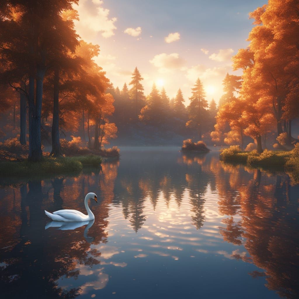 Majestic Swans on Forest Lake: Fantasy Concept Art