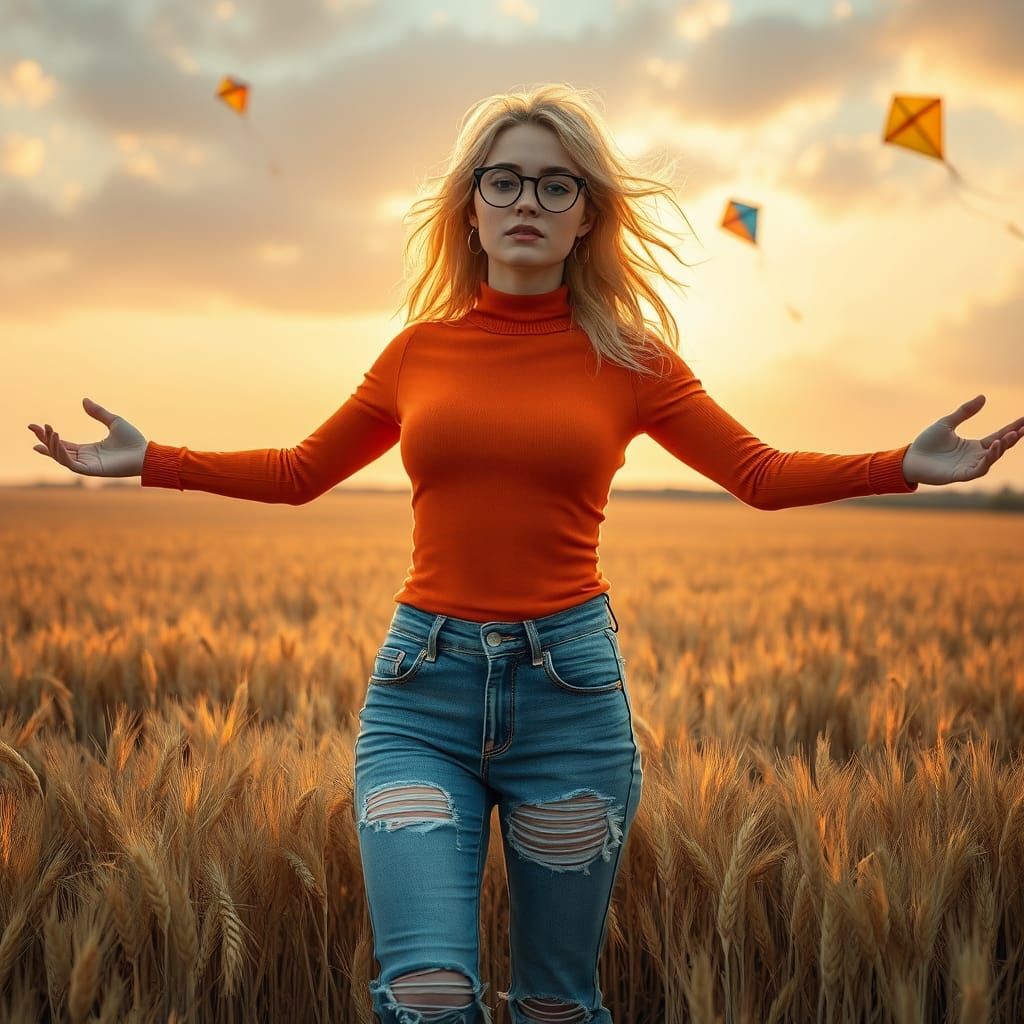 Woman in Wheat Field with Kites, Hyper-Realistic Style