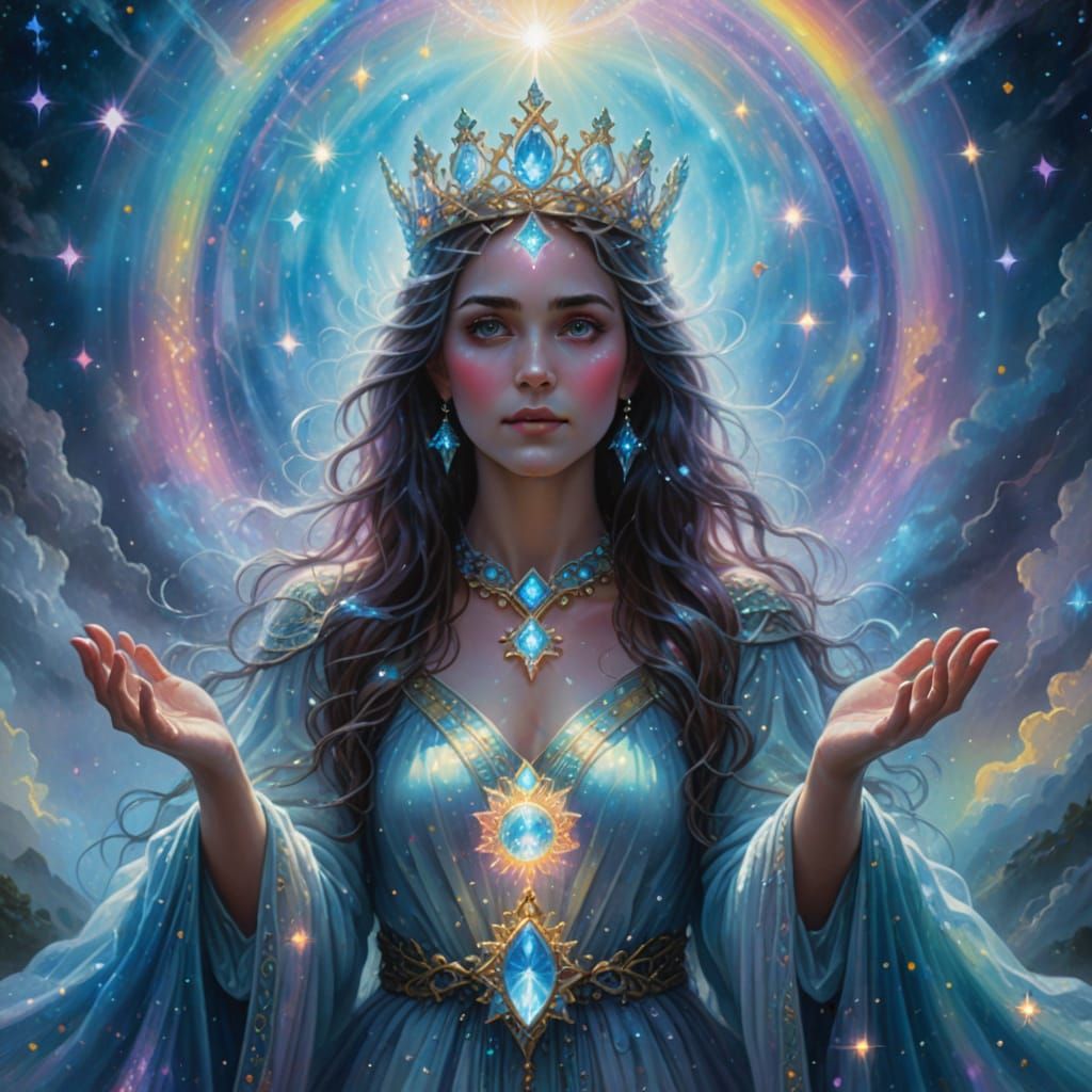 Ethereal Woman Emerges from Cosmic Mist in Divine Oil Painti...