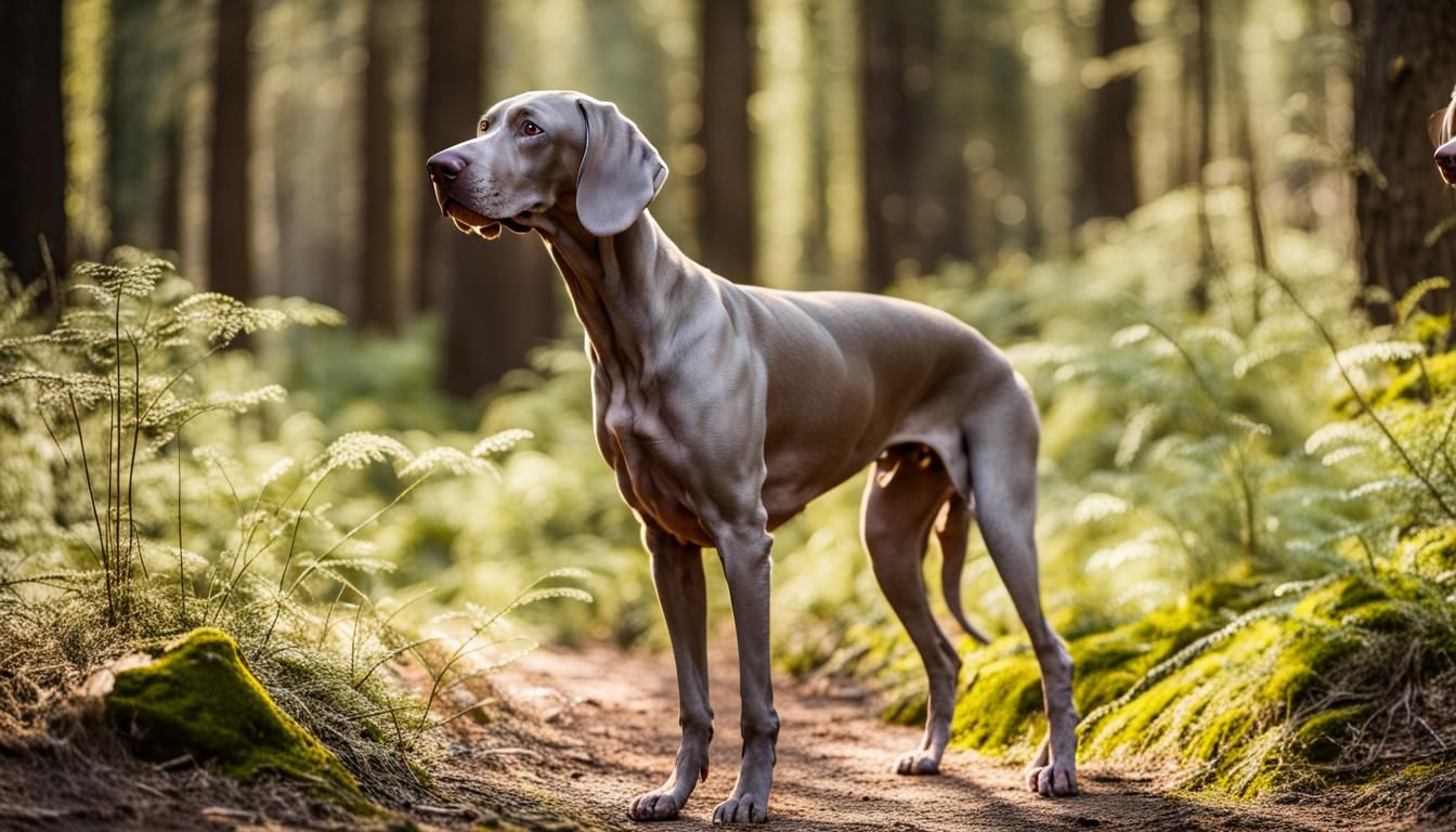 Weimaraner in a Sunny Forest Landscape