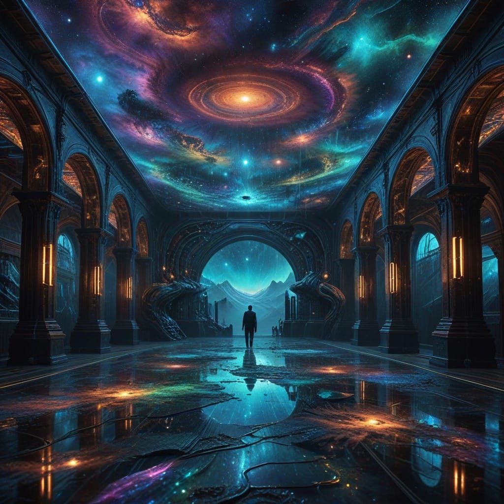 Cosmic Train Station in Vibrant, Iridescent Hues