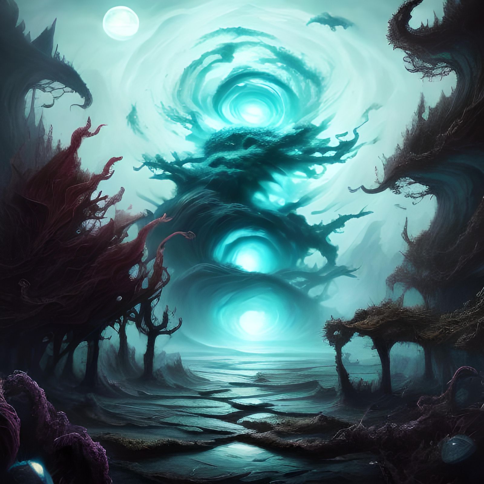 Ethereal Moonlit Island Landscape with Waterfalls