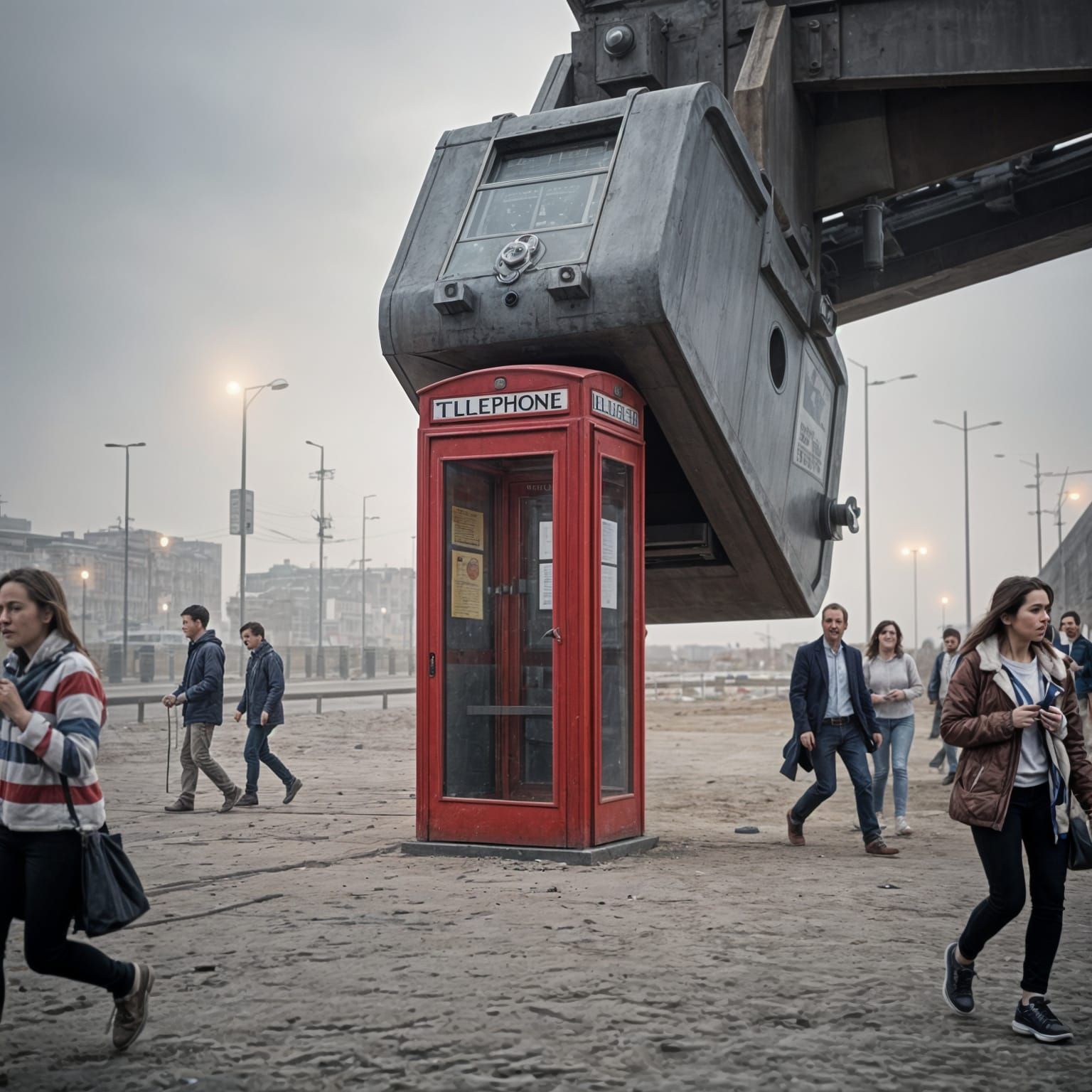 Retro Phone Box Crushed in Urban Dystopia