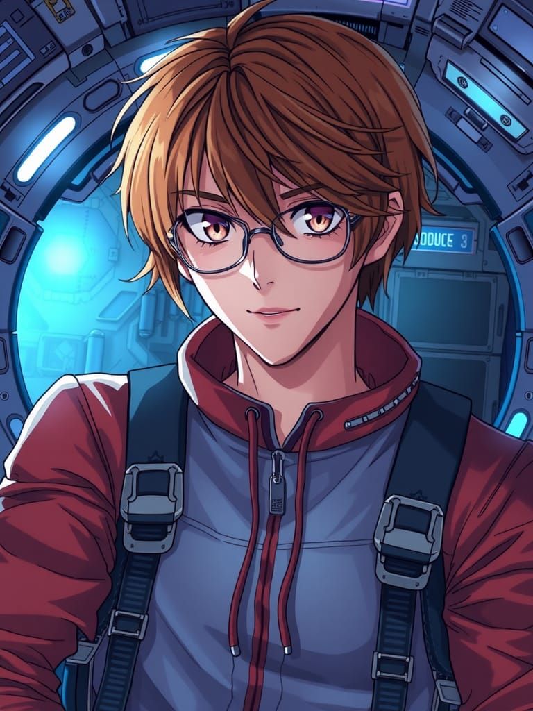 Portrait of Light Yagami in a Space Station. Detailed matte....