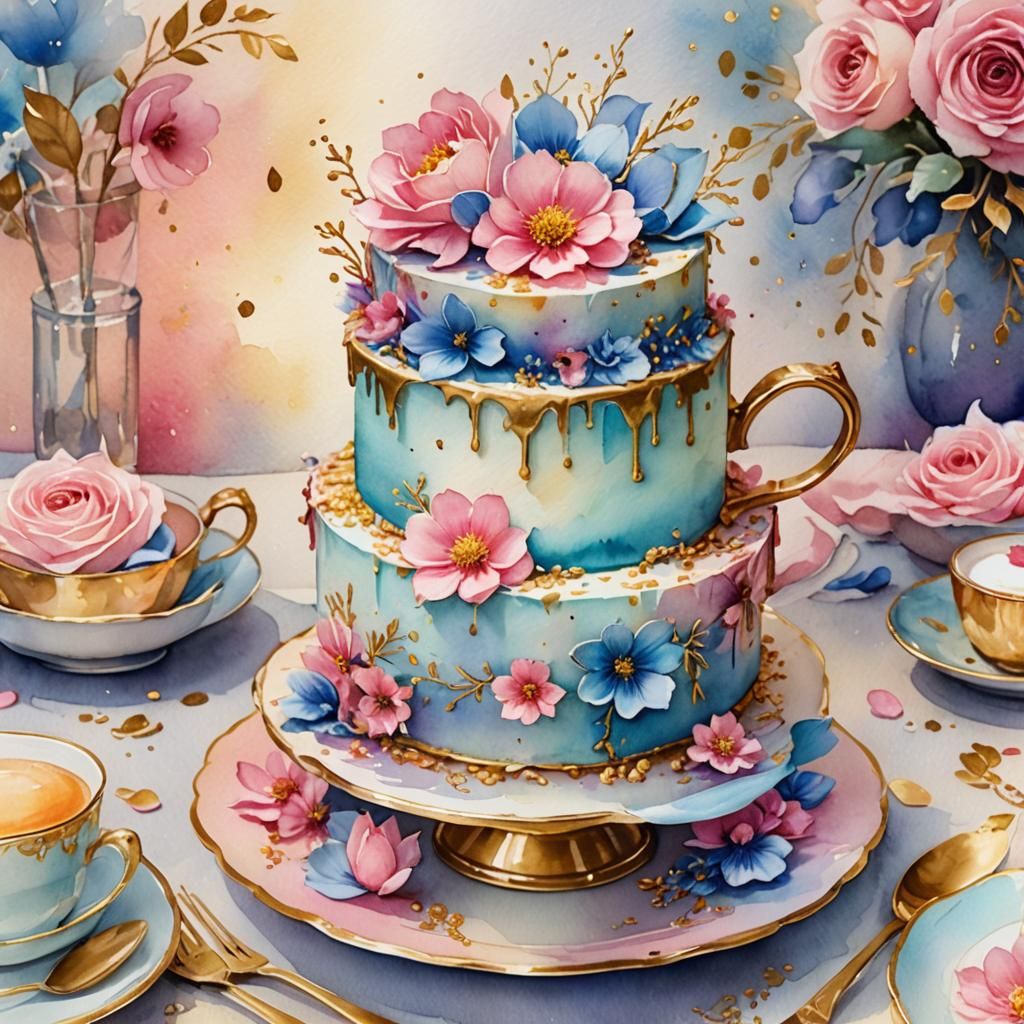 A fairytale storybook birthday cake for a little girl. watercolor painting