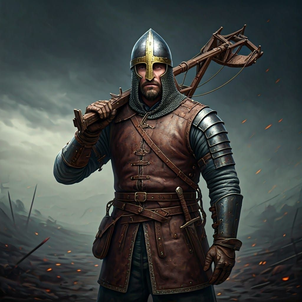Medieval Warrior with Miniature Trebuchet in Fantasy Style